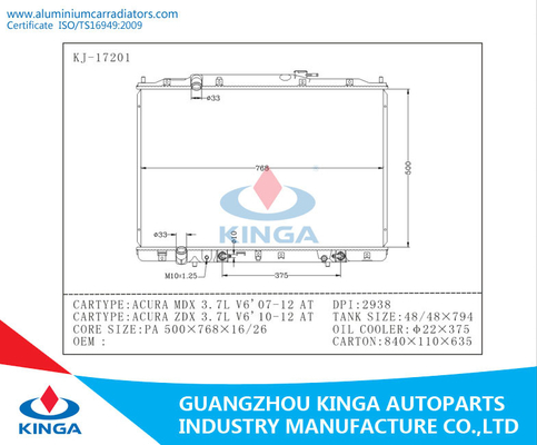 Do ISO auto Honda radiador de alumínio DPI 2938 do OEM no tanque plástico ACURA MDX 3.7L V6'07-12 fornecedor