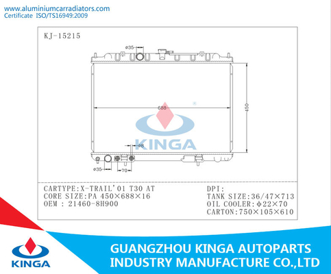 X - OEM de alumínio 21460 dos radiadores do carro do sistema de refrigeração T30 da FUGA 01 - 8H900 em PA16mm fornecedor