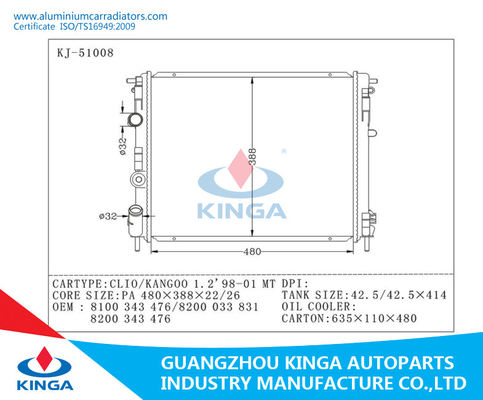 Radiadores de alumínio do carro do OEM 8100 343 476/8200 033 831/8200 343 476 Renault fornecedor