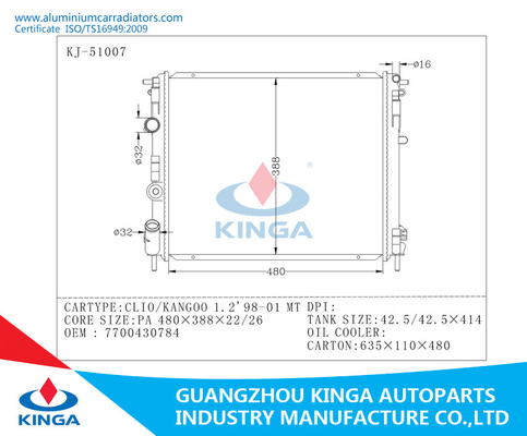 OEM de alumínio 7700430784 de Raidators do carro da TA 98-01 RENAULT de CLIO/KANGOO 1,2 fornecedor