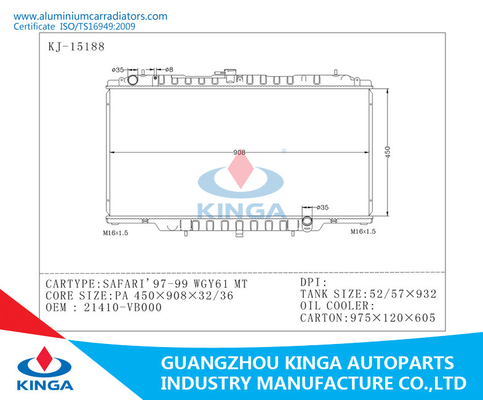Radiadores de alumínio do carro da indústria de sistema de refrigeração para TA 21410-VB000 de Nissan SAFARI'97-99 WGY61 fornecedor