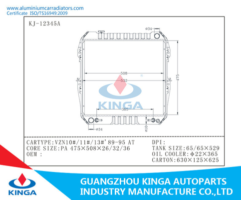 Auto radiador do carro para Toyota Vzn10#/11#/13# 89-95 no núcleo de alumínio com tanques plásticos fornecedor